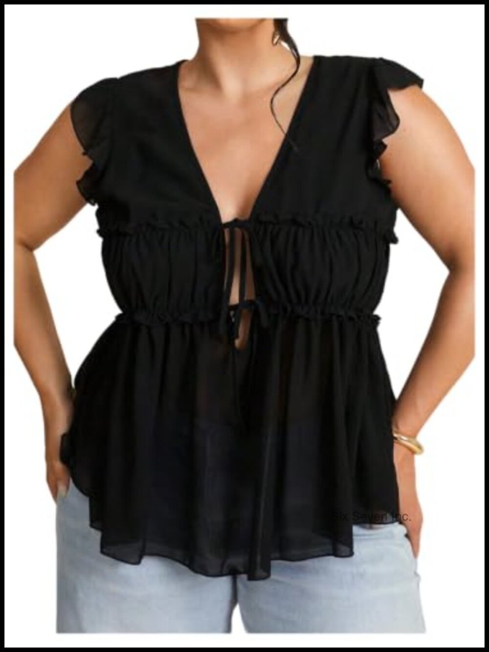 Plus Size Chiffon Sleeveless Peplum Blouse Tie Front V-Neck Babydoll Top